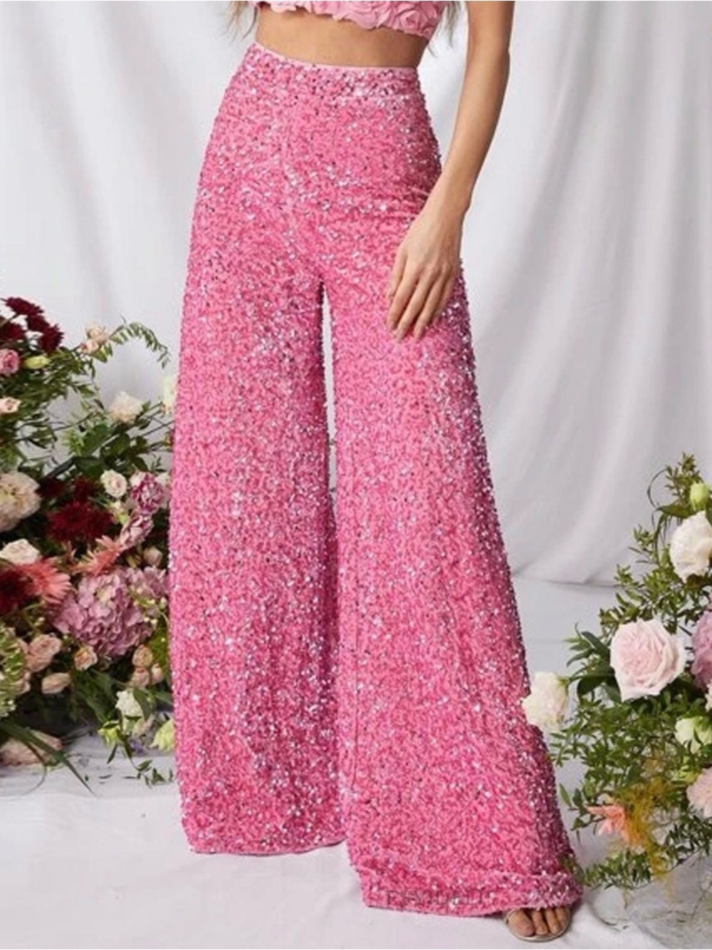 Pink Sequin Wide-Leg Pants